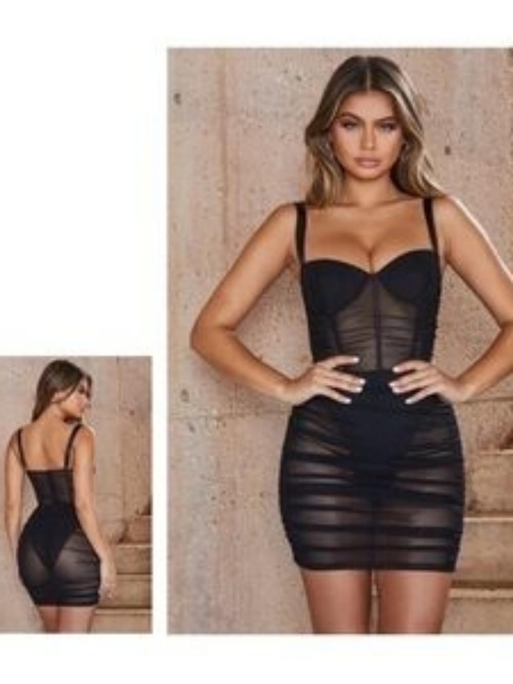 LEAU Miami Mesh Mini Dress Bodysuit Sheer Ruched Corset Black XS